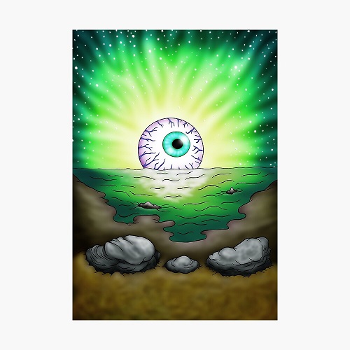 'weird drawing of a lake at sunset but the sun is an eye'