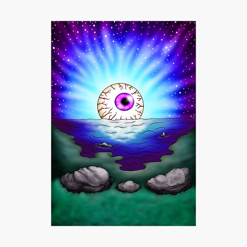 'weird drawing of a lake at sunset but the sun is an eye'