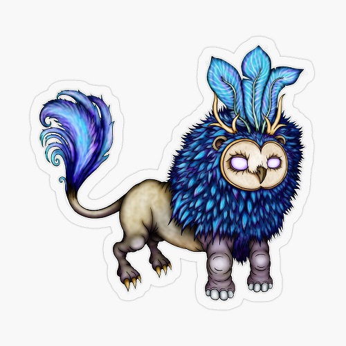 hybrid mythical owl, lion, elephant, peacock creature