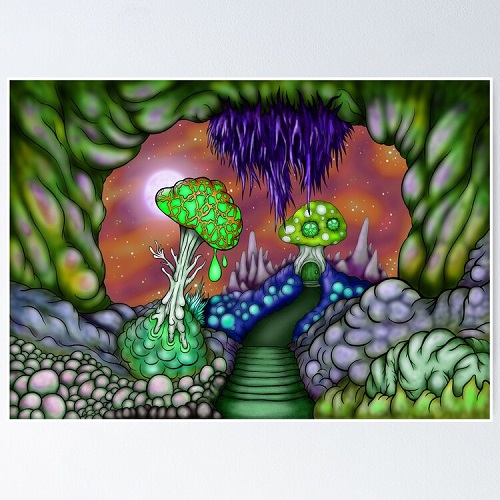 trippy mushroom cave landscape