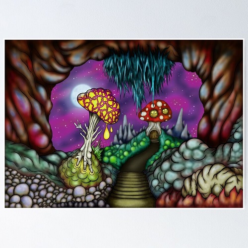 trippy mushroom cave landscape