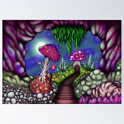 trippy mushroom cave landscape