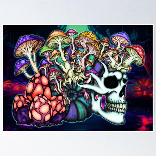 a trippy skull covered in mushrooms